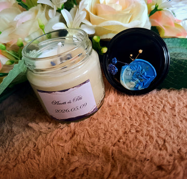 Eküvői köszönő ajándék vendégeknek feliratos ásvány gyertya kék