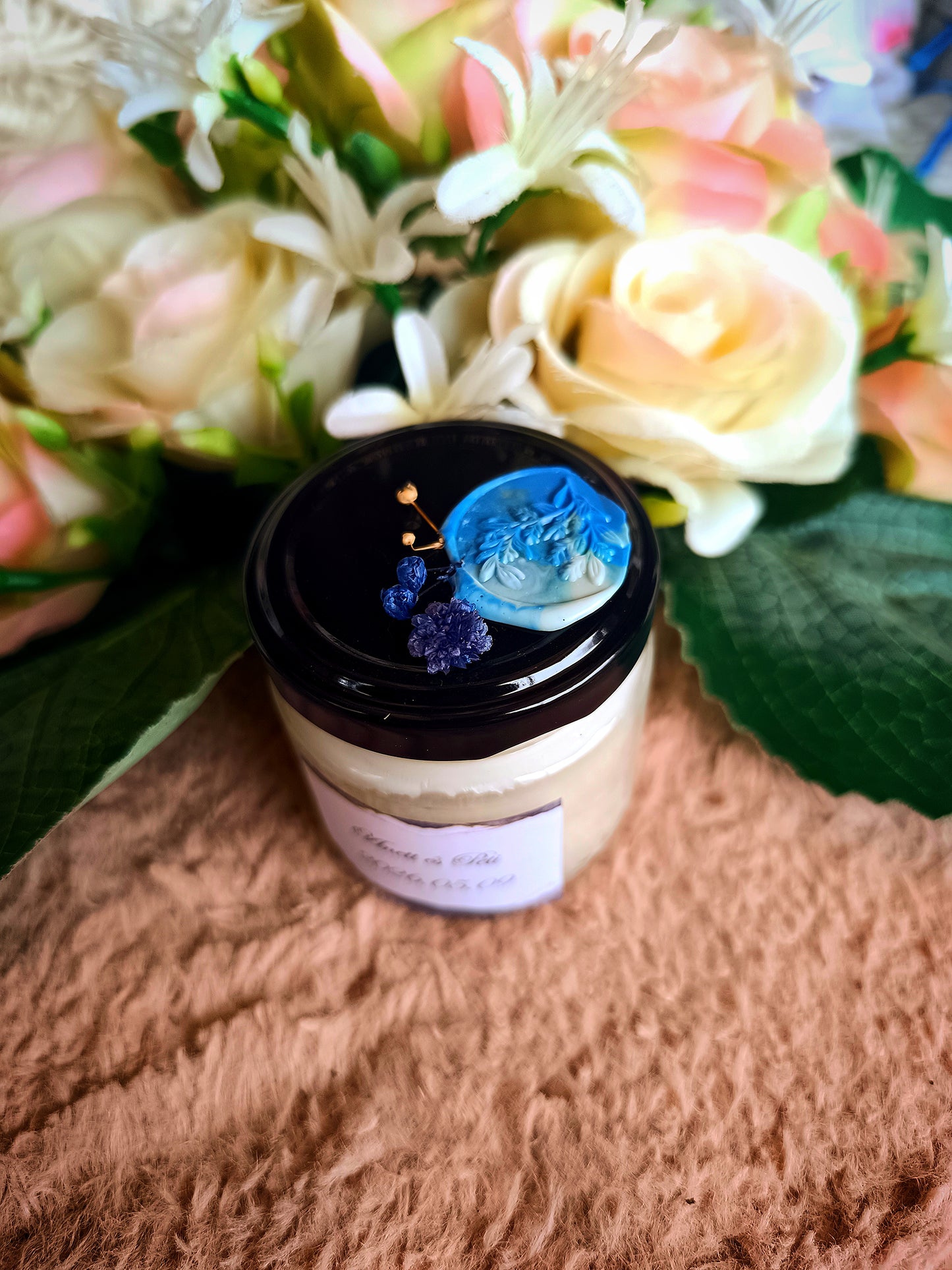 Eküvői köszönő ajándék vendégeknek feliratos ásvány gyertya kék