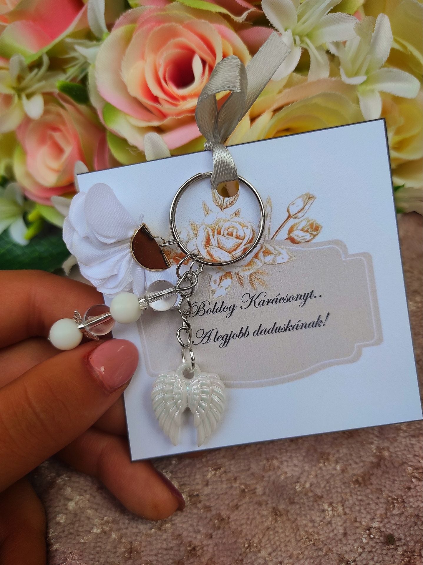 Karácsonyi ajándék dadus kulcstartó- fehér -