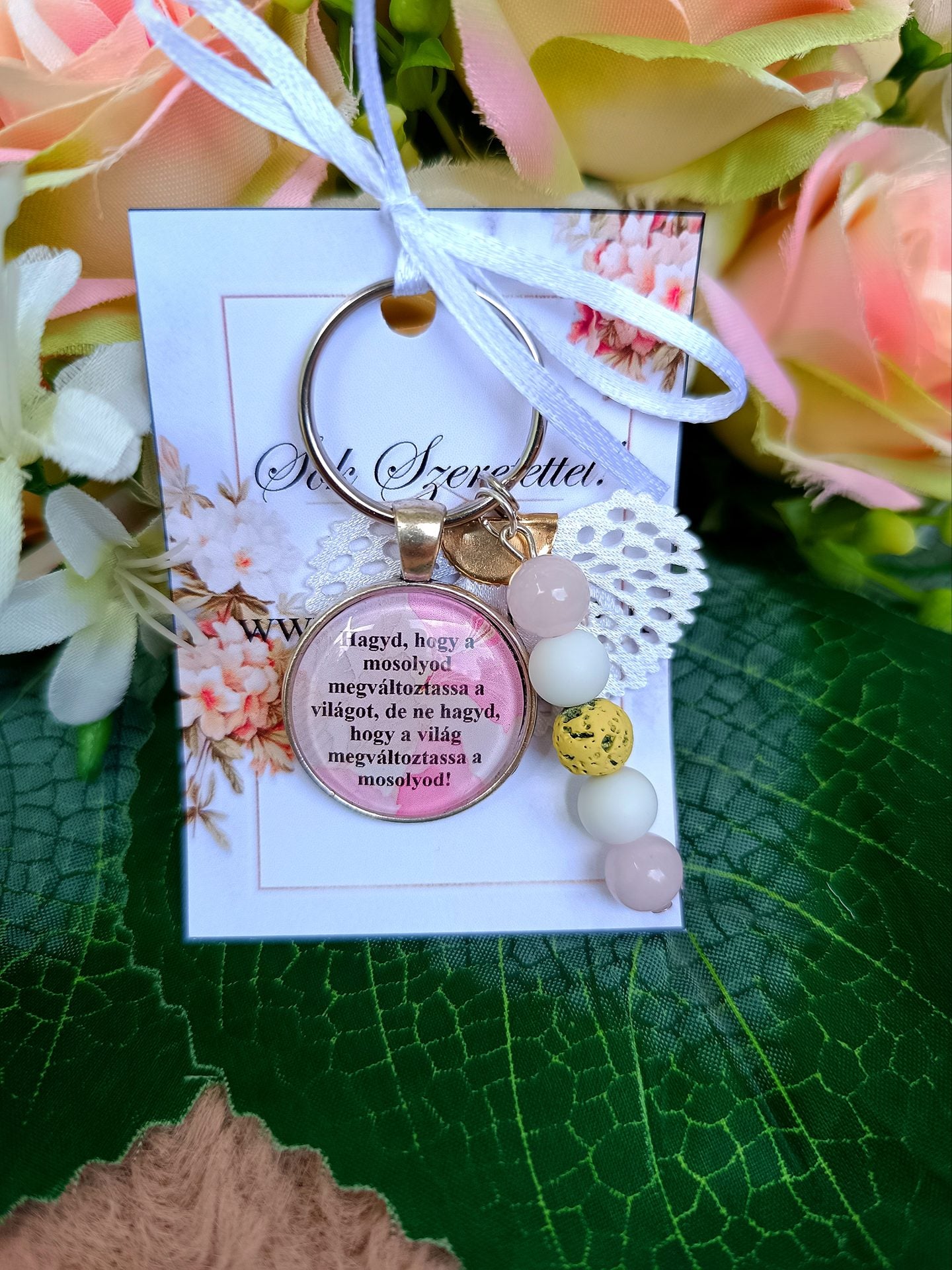 Motivációs kulcstartó rózsakvarc