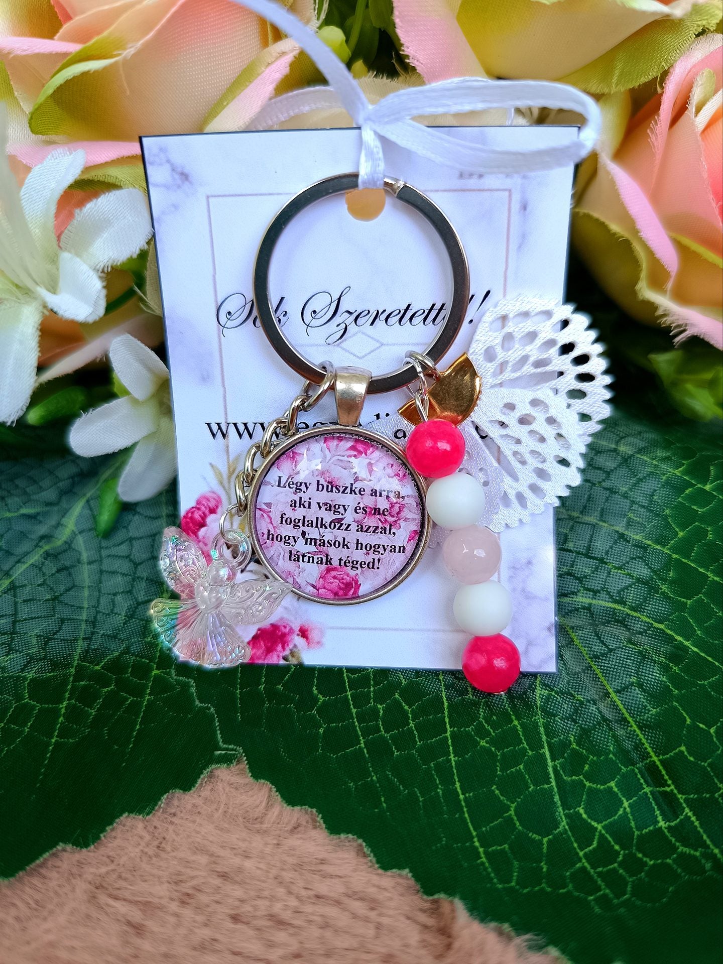 Motivációs kulcstartó rózsakvarc